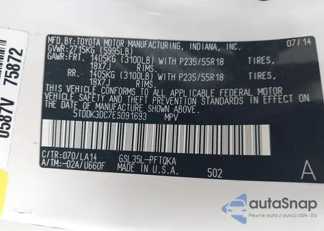 2014 Toyota Sienna Limited 7 Passenger z USA, uszkodzony, nr VIN 5TDDK3DC7ES091693